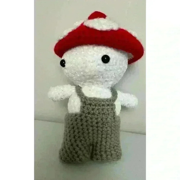 Mushroom Baby Kid Doll With Red Mushroom Cap Very Soft Chenille Yarn Overalls - Picture 6 of 11